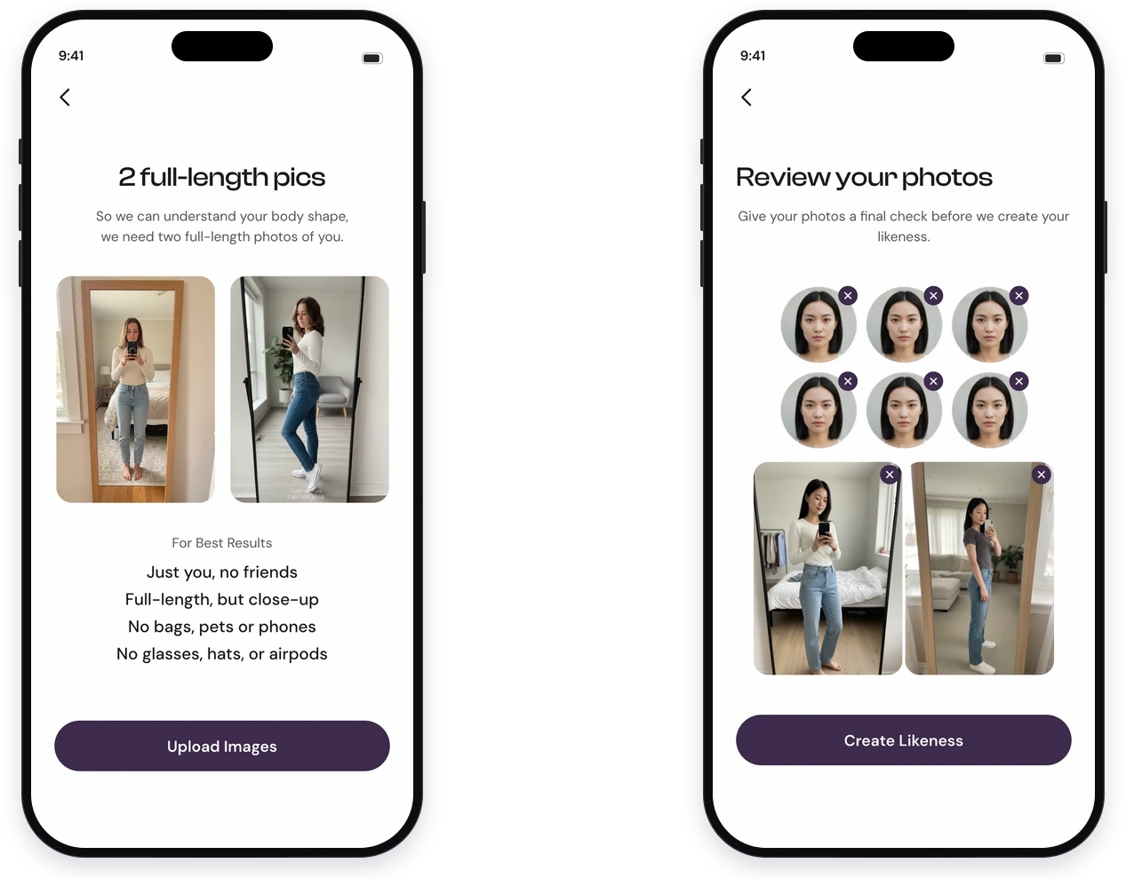 The body step asking for two full-length photos with the conditions for a good one listed, beside the review step showing the six face captures and both body photos before the likeness gets built