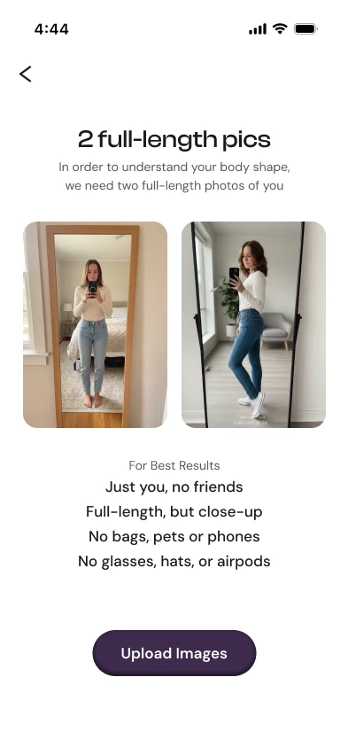 Onboarding step asking for two full-length photos to learn the shopper's body shape