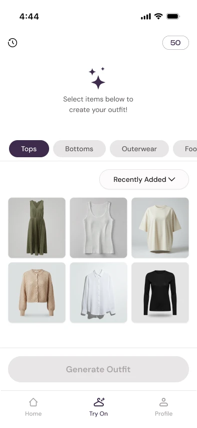 Try-on canvas: a category-tabbed grid of wardrobe items with a Generate Outfit action