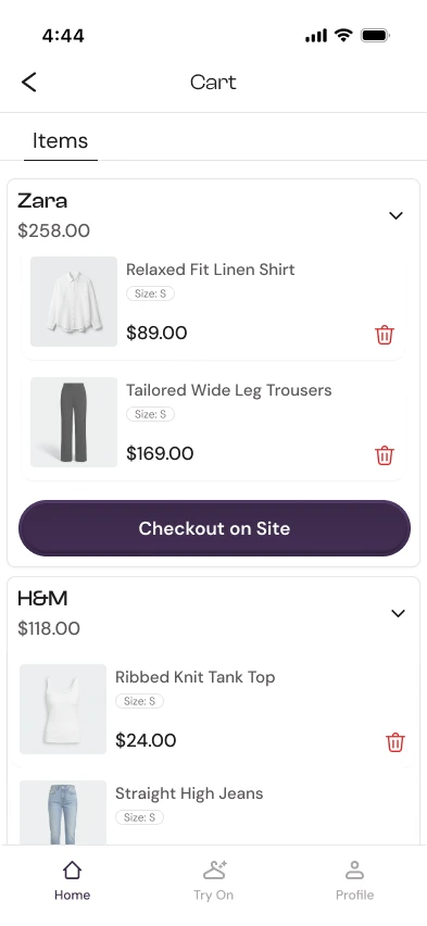 Cart screen grouping saved items by retailer, Zara and H&M, each with a Checkout on Site action