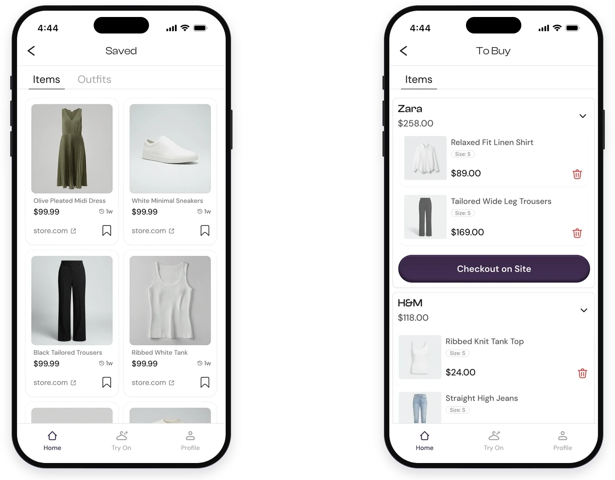 Saved items as a grid of garments kept from different stores, each with its price and source, beside the To Buy list grouping those items by retailer with a checkout on site action per group