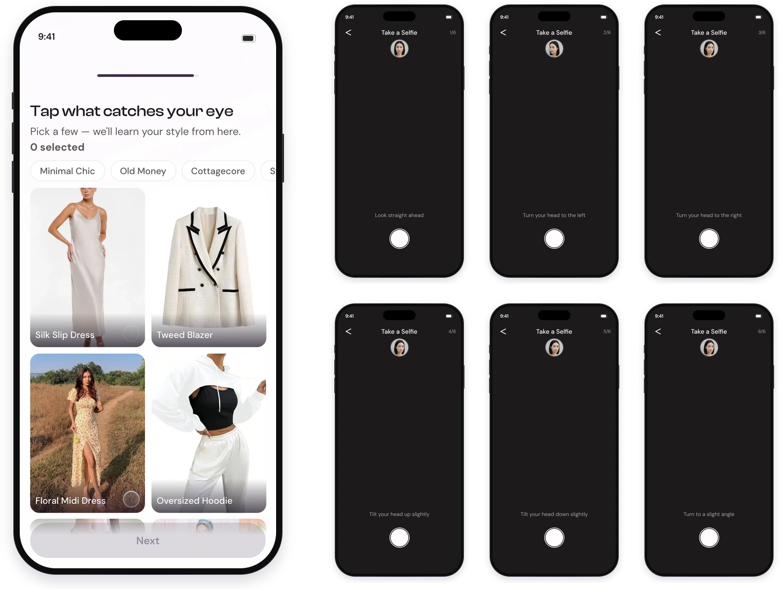 The taste step, headed “Tap what catches your eye” with style tabs above a grid of garments, beside the six selfie prompts in order — look straight ahead, turn left, turn right, tilt up, tilt down, turn to a slight angle — each counted from one of six to six of six