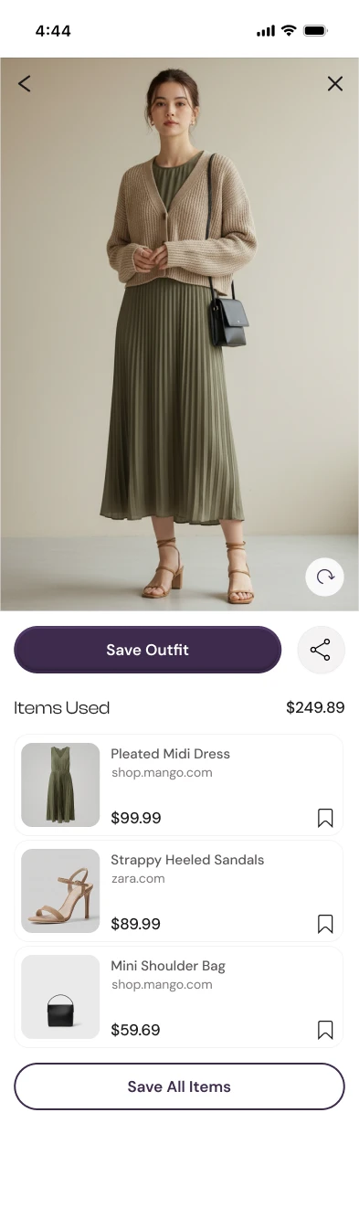 Try-on result: the generated outfit on a model with each item, source retailer, and price listed, plus Save Outfit and Save All Items