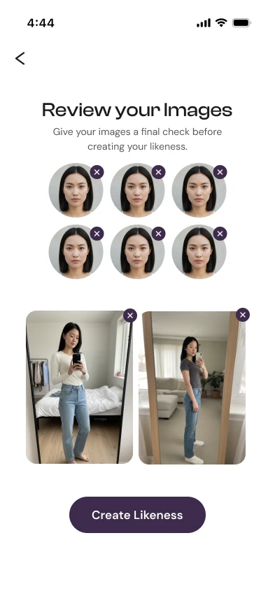 Review-your-images step where the shopper confirms the photos used to build their likeness