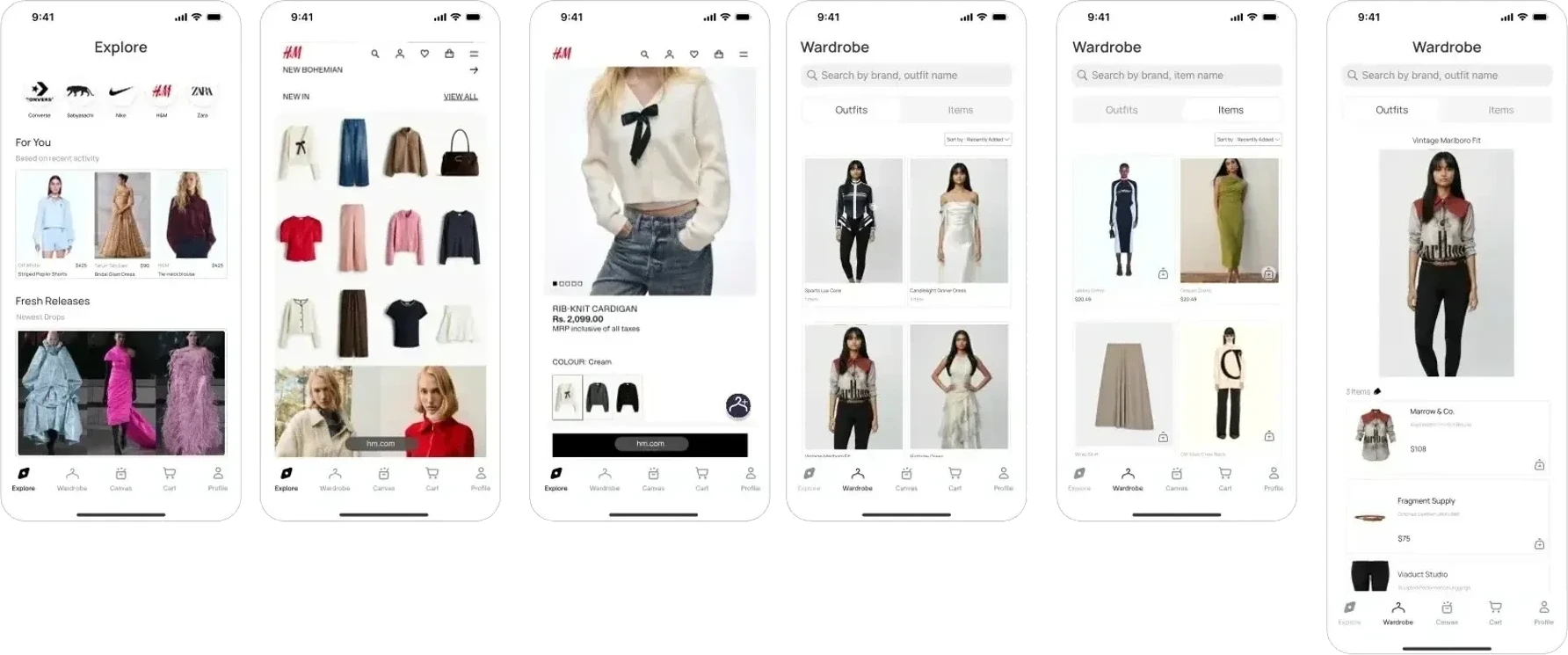 Six screens from the shopping-platform version: an Explore feed of brand storefronts, an in-app H and M catalogue, a product page with price and colour swatches, and a Wardrobe split into Outfits and Items, with Explore, Wardrobe, Canvas, Cart and Profile in the tab bar
