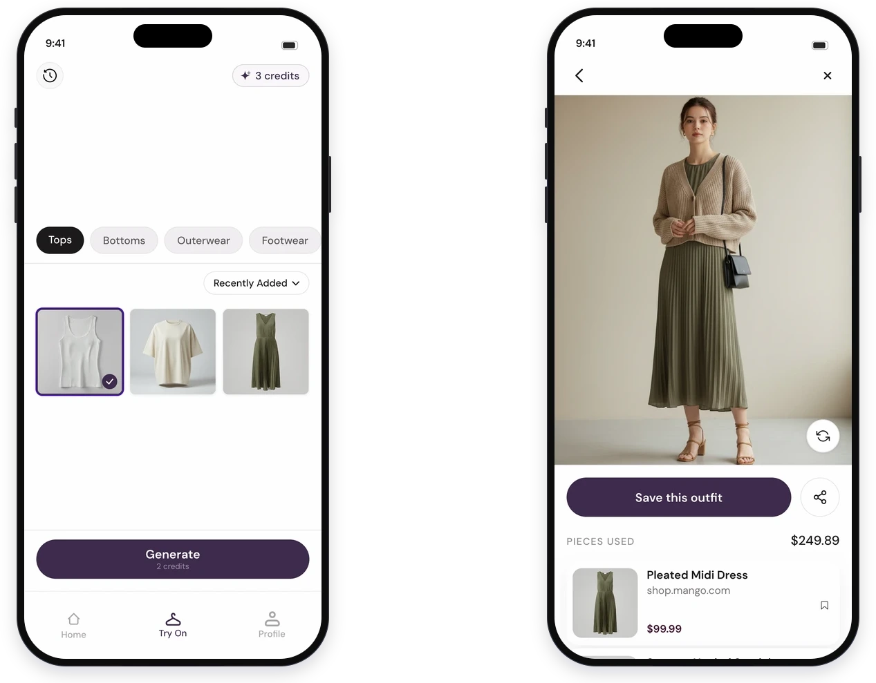 The try-on canvas with category-tabbed grids of saved items and a generate action carrying its credit cost, beside the generated outfit on the shopper with each piece listed by retailer and price