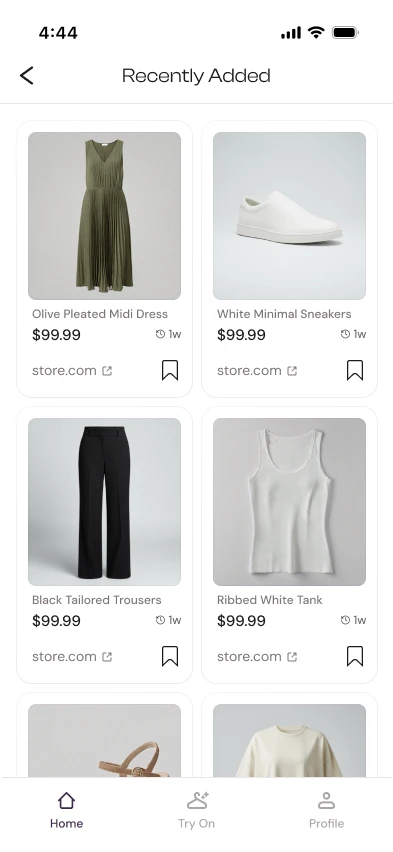 Recently Added wardrobe: a grid of garments saved from different stores, each with price and source