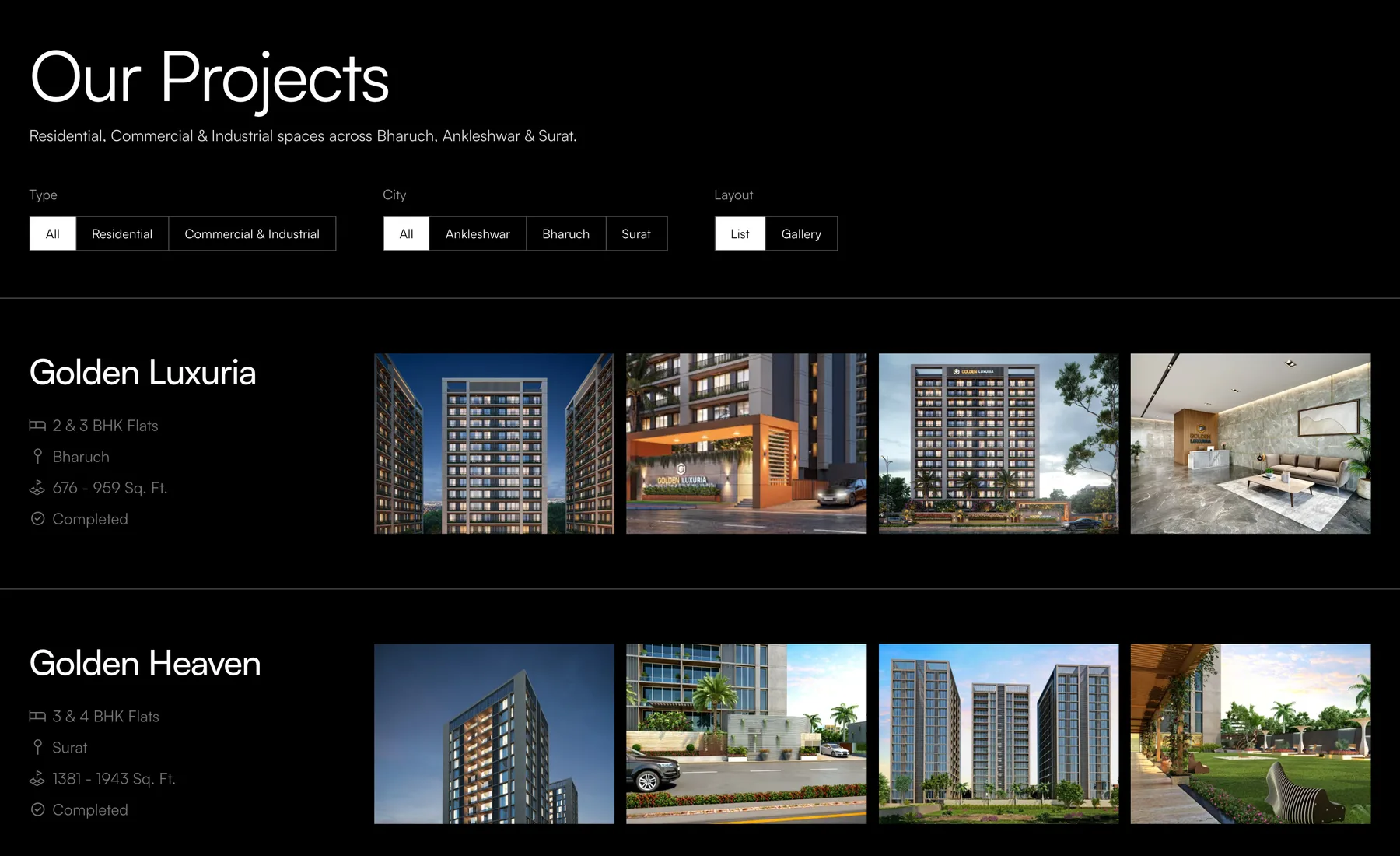 Projects catalog with Type, City and Layout filters above the results