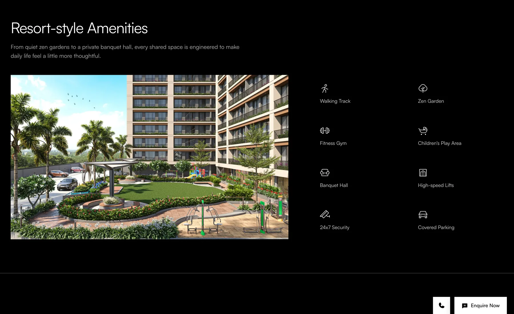 Amenities section: a render beside a grid of eight labelled amenity icons