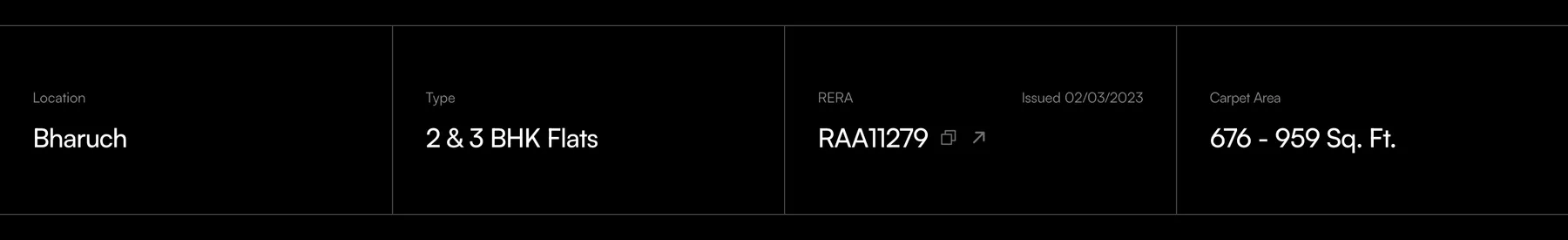 Key details band: location, type, RERA number with issue date, and carpet area