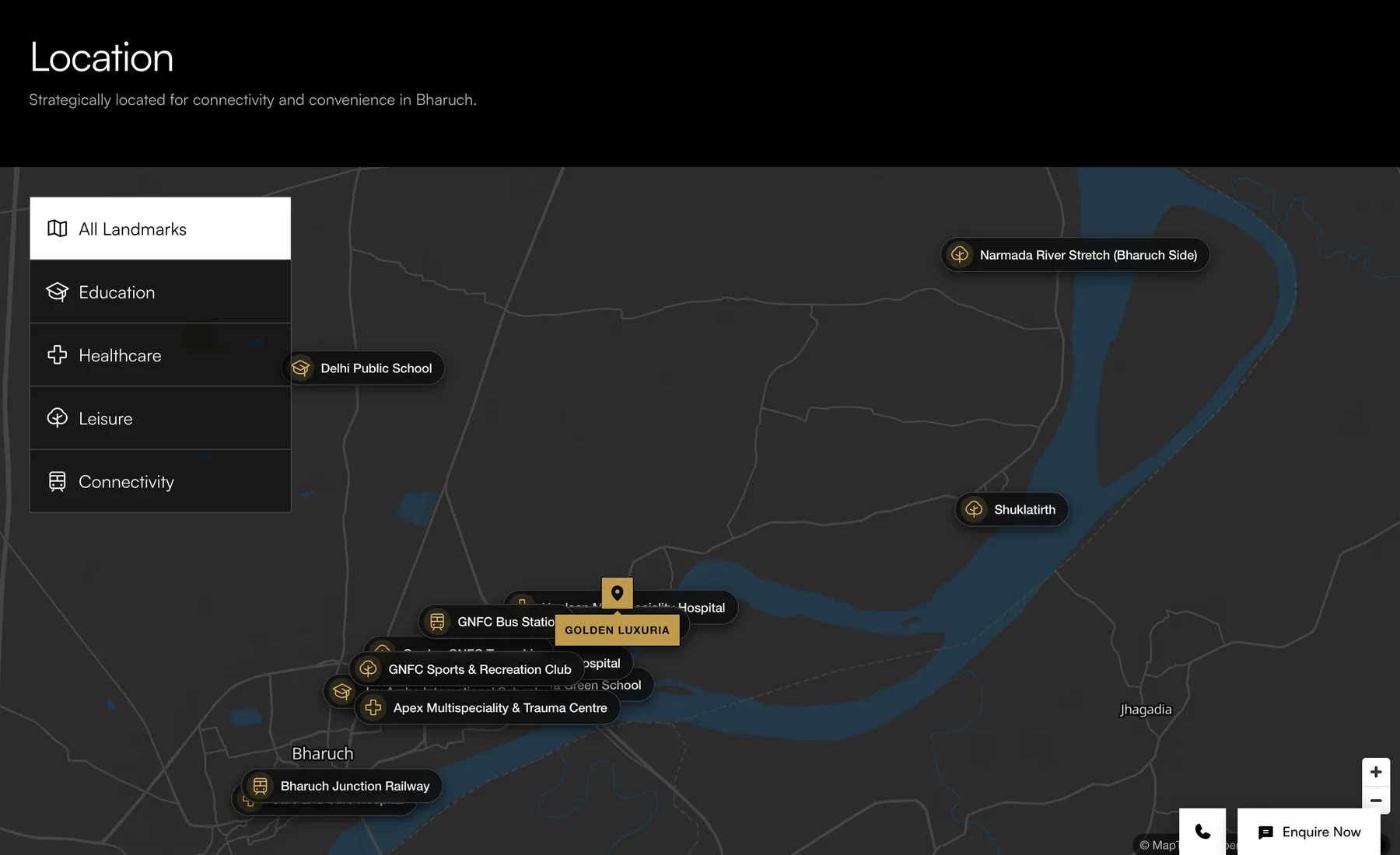 Location map with filters for education, healthcare, leisure and connectivity