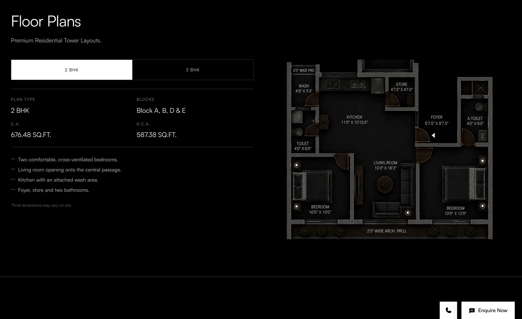 Floor plans section with 2 BHK and 3 BHK tabs, carpet area figures, and the plan drawing