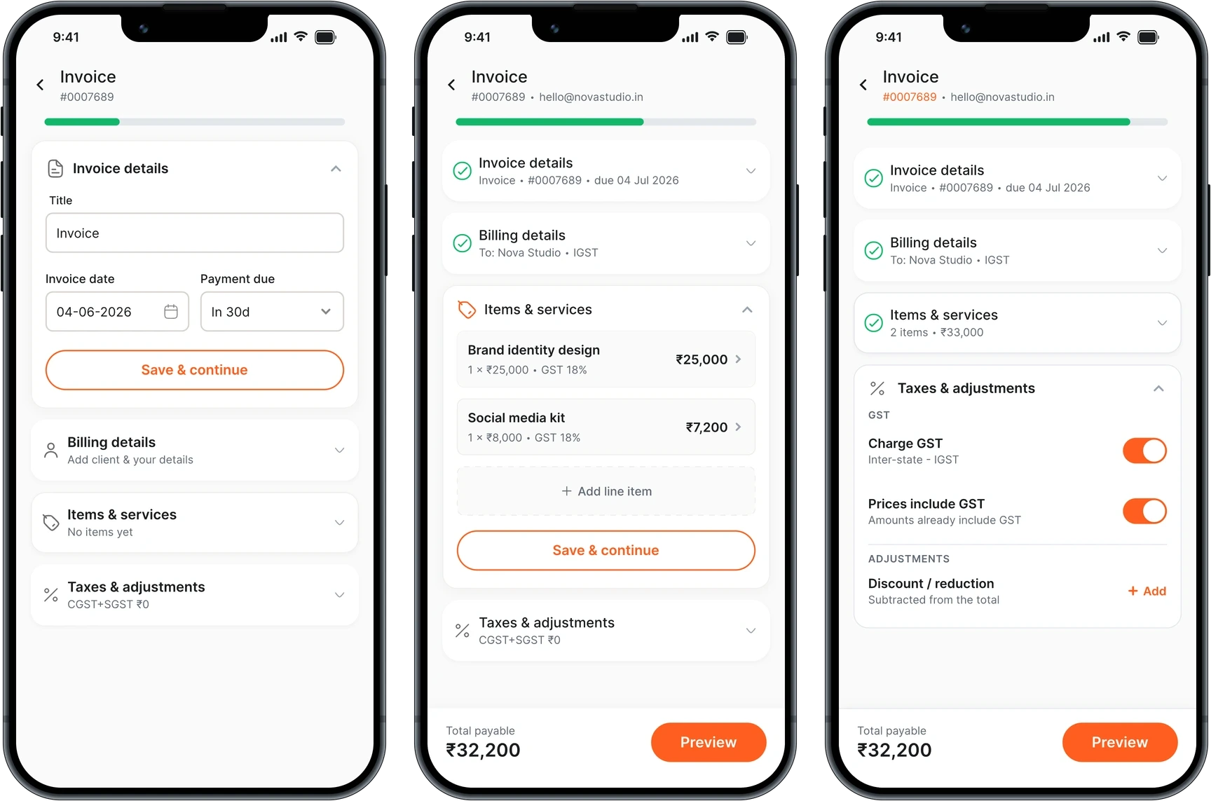 Three phone screens in sequence: only Invoice details open, then Invoice details and Billing details collapsed to summary lines with Items open, then three collapsed and Taxes and adjustments open, with the progress bar filling across the three