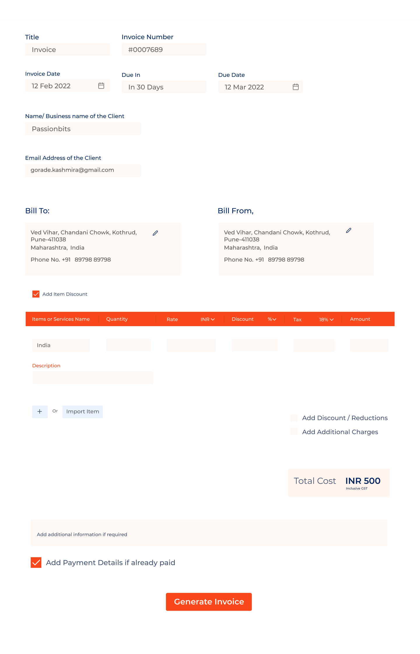 The original desktop invoicing layout — one long single-page form built around a six-column line-item table