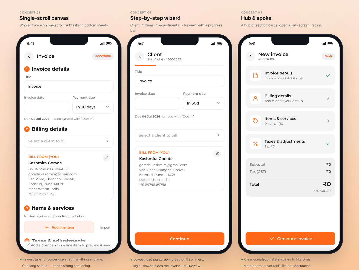 Concept explorations side by side — single-scroll canvas, step-by-step wizard, and hub & spoke
