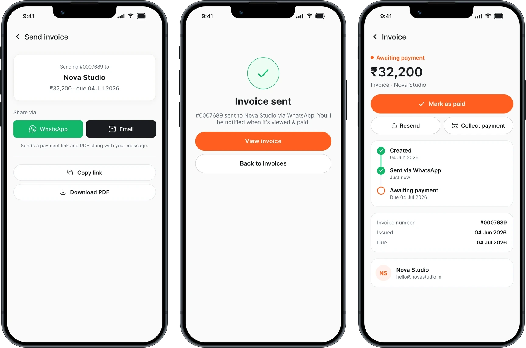 Sending the invoice by WhatsApp or email, the sent confirmation, and the invoice tracked through created, sent via WhatsApp and awaiting payment