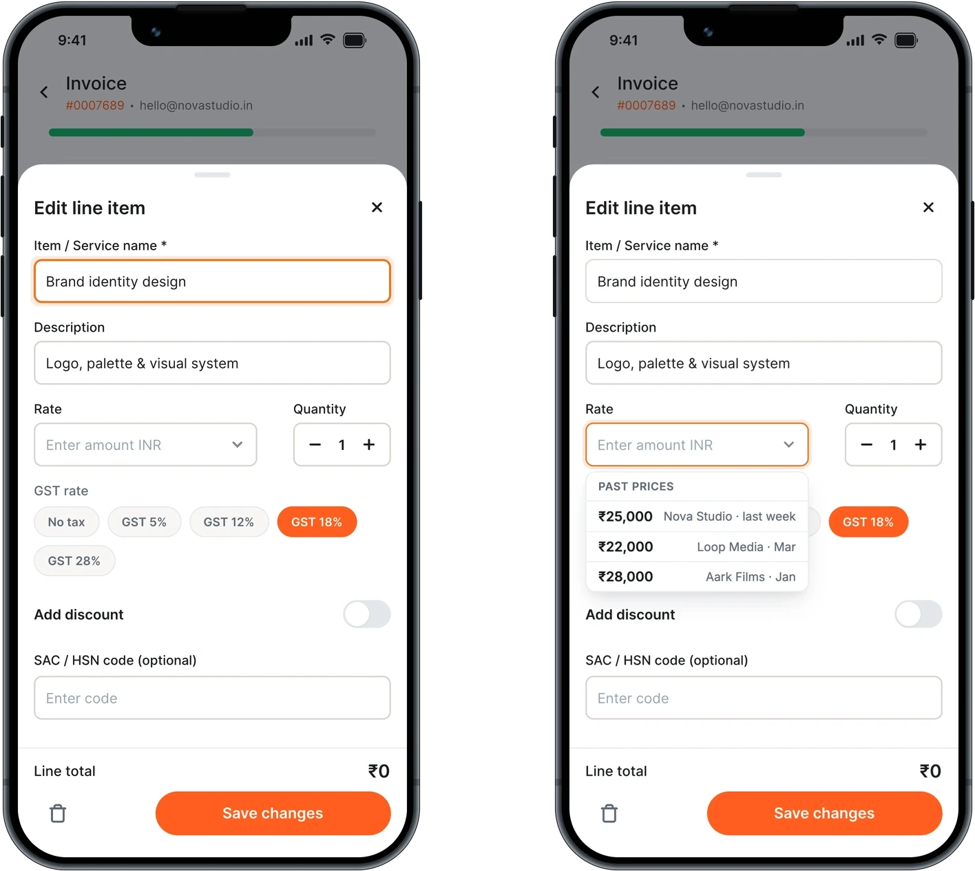 The line item editor with the Rate field at rest, then focused, dropping a Past prices panel that lists twenty-five thousand for Nova Studio last week, twenty-two thousand for Loop Media in March and twenty-eight thousand for Aark Films in January