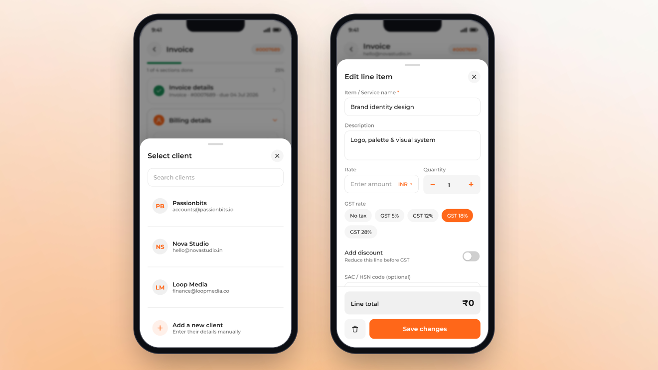 Client picker, auto-filled billing, and persistent total bar