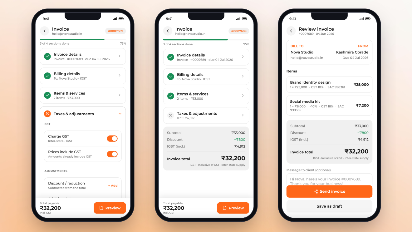 Taxes and adjustments screen with GST toggle, TDS, and breakdown