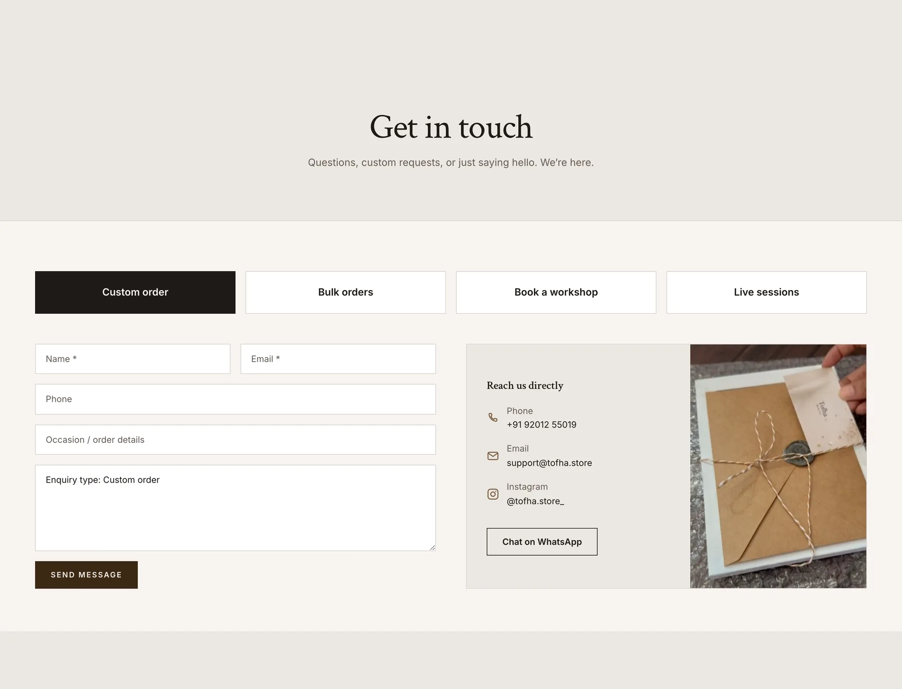 Contact page with a four-way toggle for custom order, bulk orders, book a workshop and live sessions