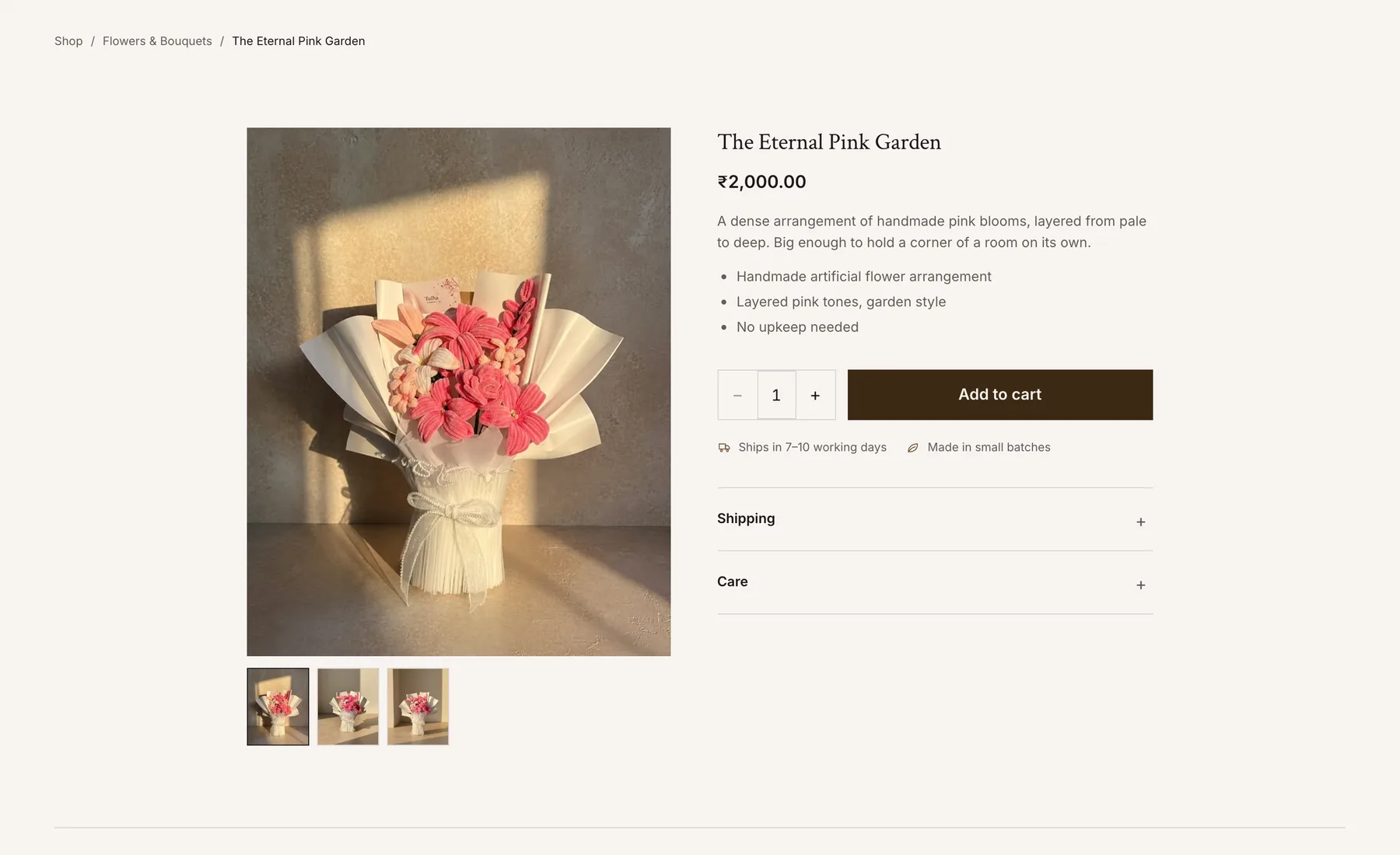 Product page for The Eternal Pink Garden with price, description, quantity and add to cart