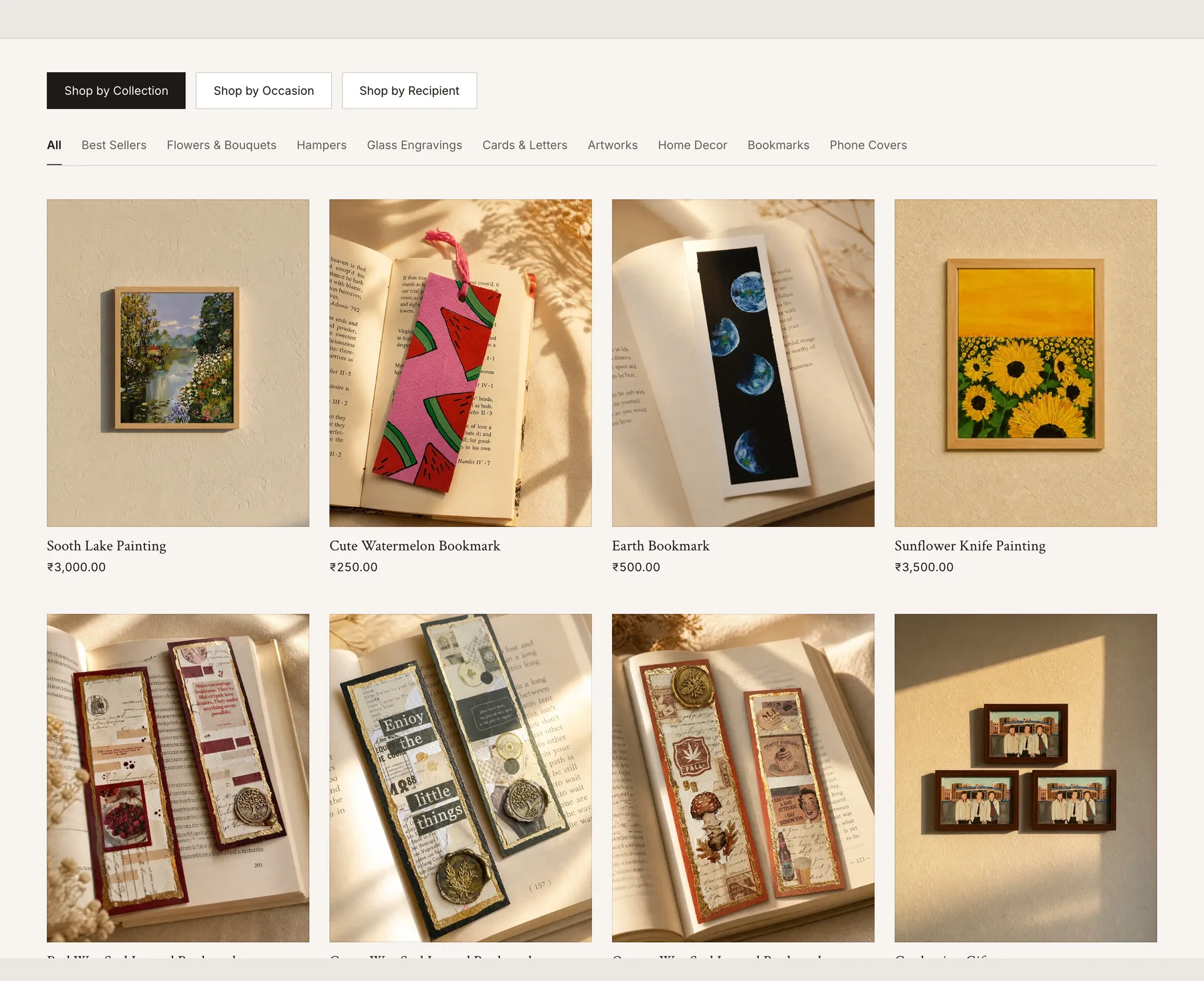 Shop page with Shop by Collection, Occasion and Recipient toggles and a row of filter chips