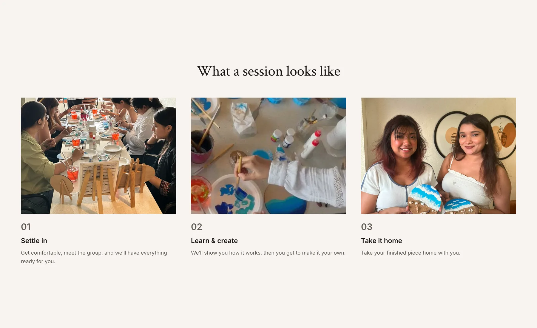 What a session looks like, in three numbered steps, above photos from previous workshops