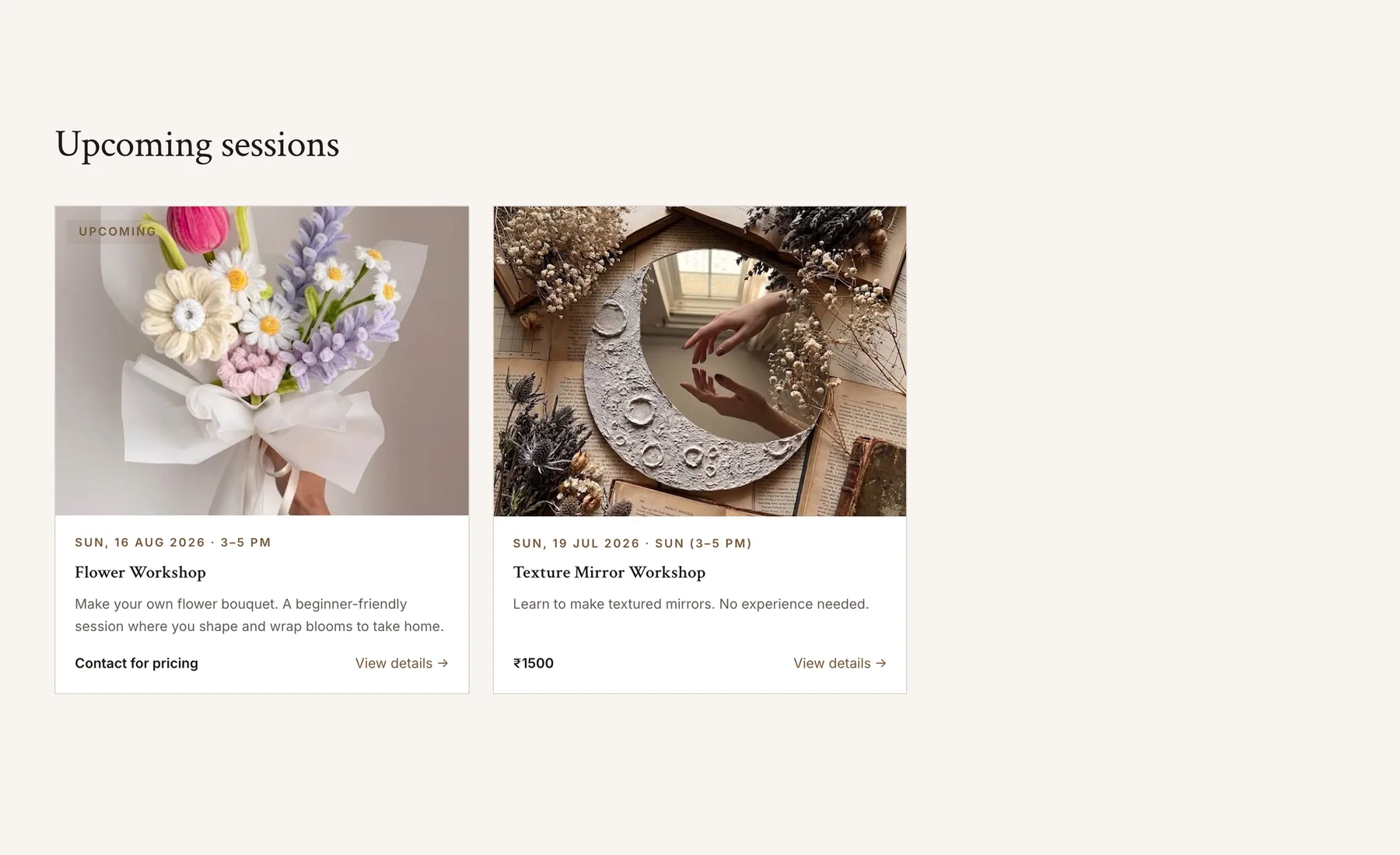 Upcoming workshop sessions with dates, times and pricing