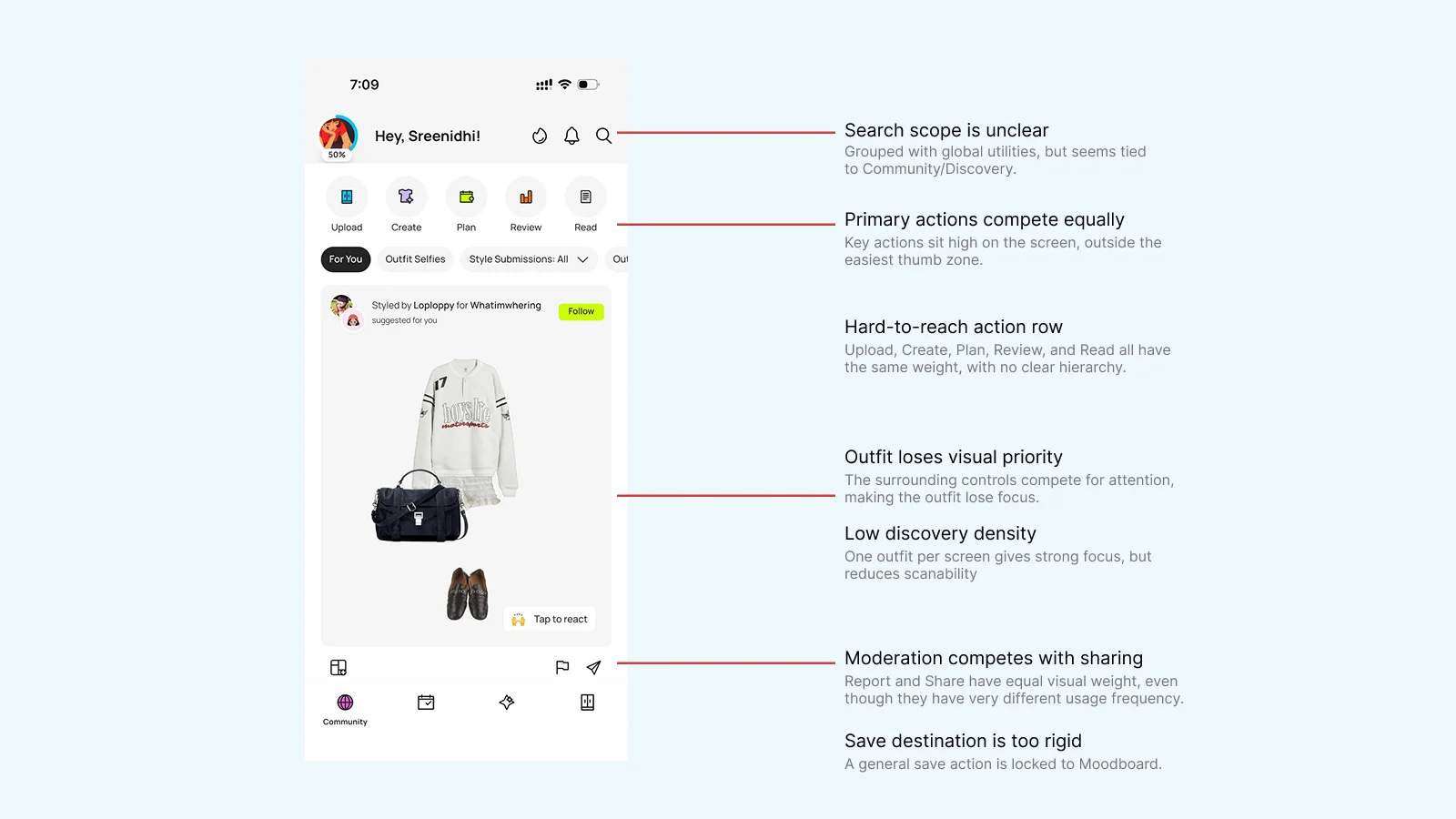 Audit screen 1 — annotated current app surface showing overlapping actions