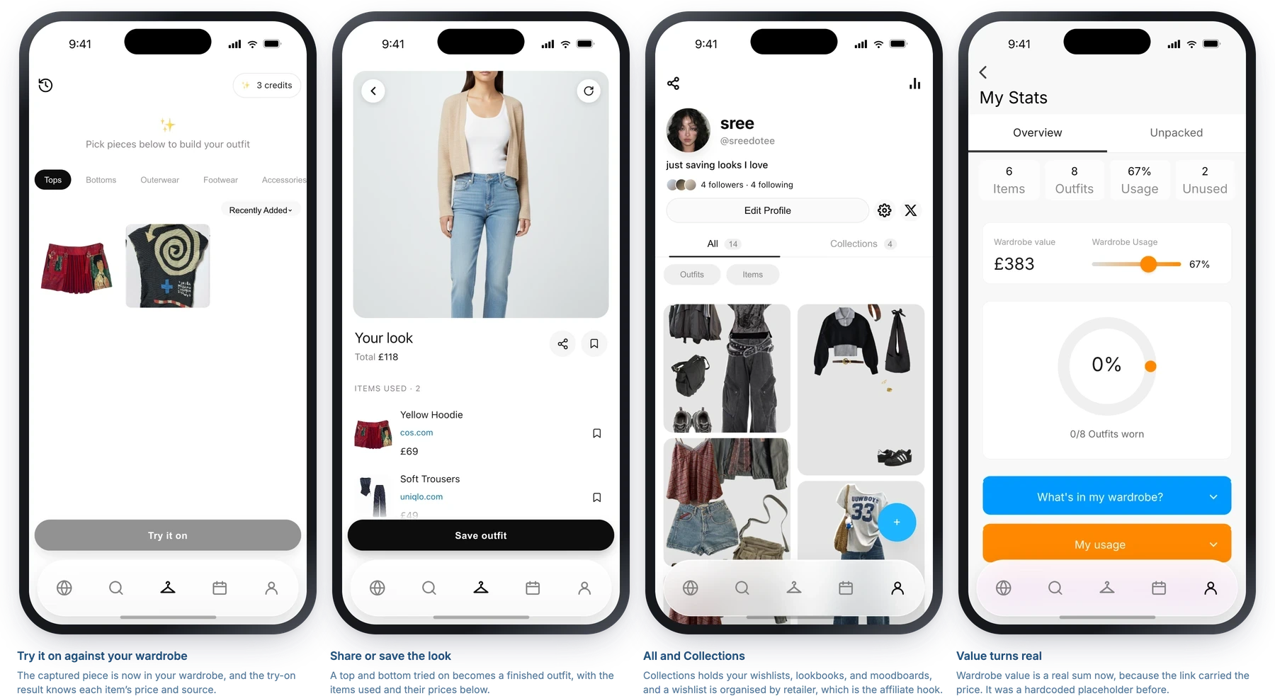 Four screens from the prototype with their notes: the try-on build canvas against the wardrobe; the finished look with the items used and their prices; the profile split into All and Collections; and My Stats showing a real wardrobe value