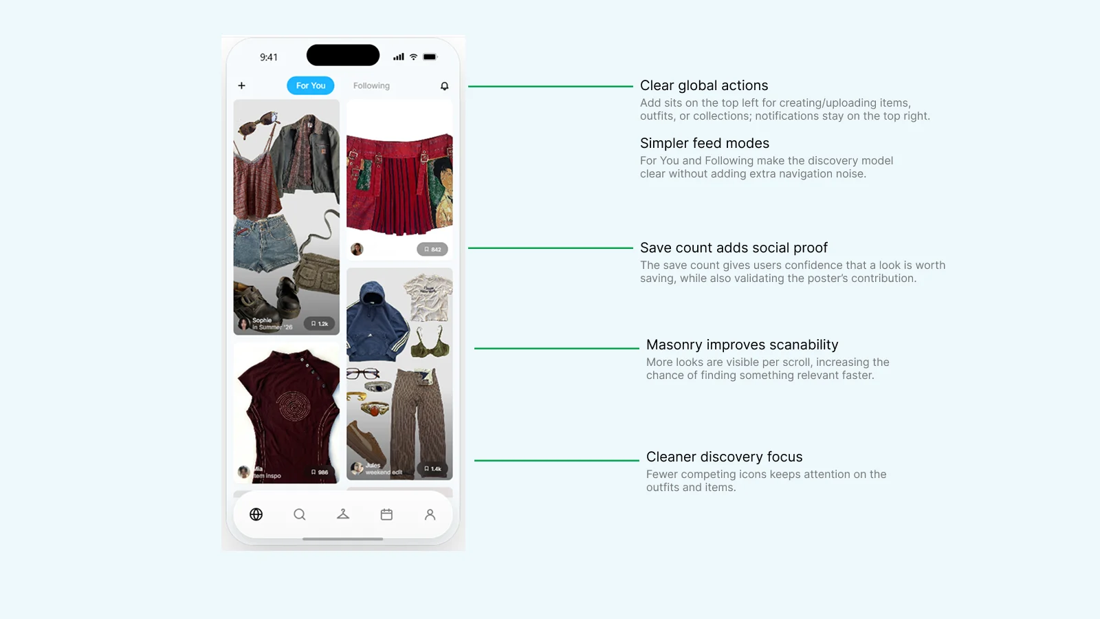 Redesigned screen 1 — annotated, showing clear global actions and a cleaner discovery focus