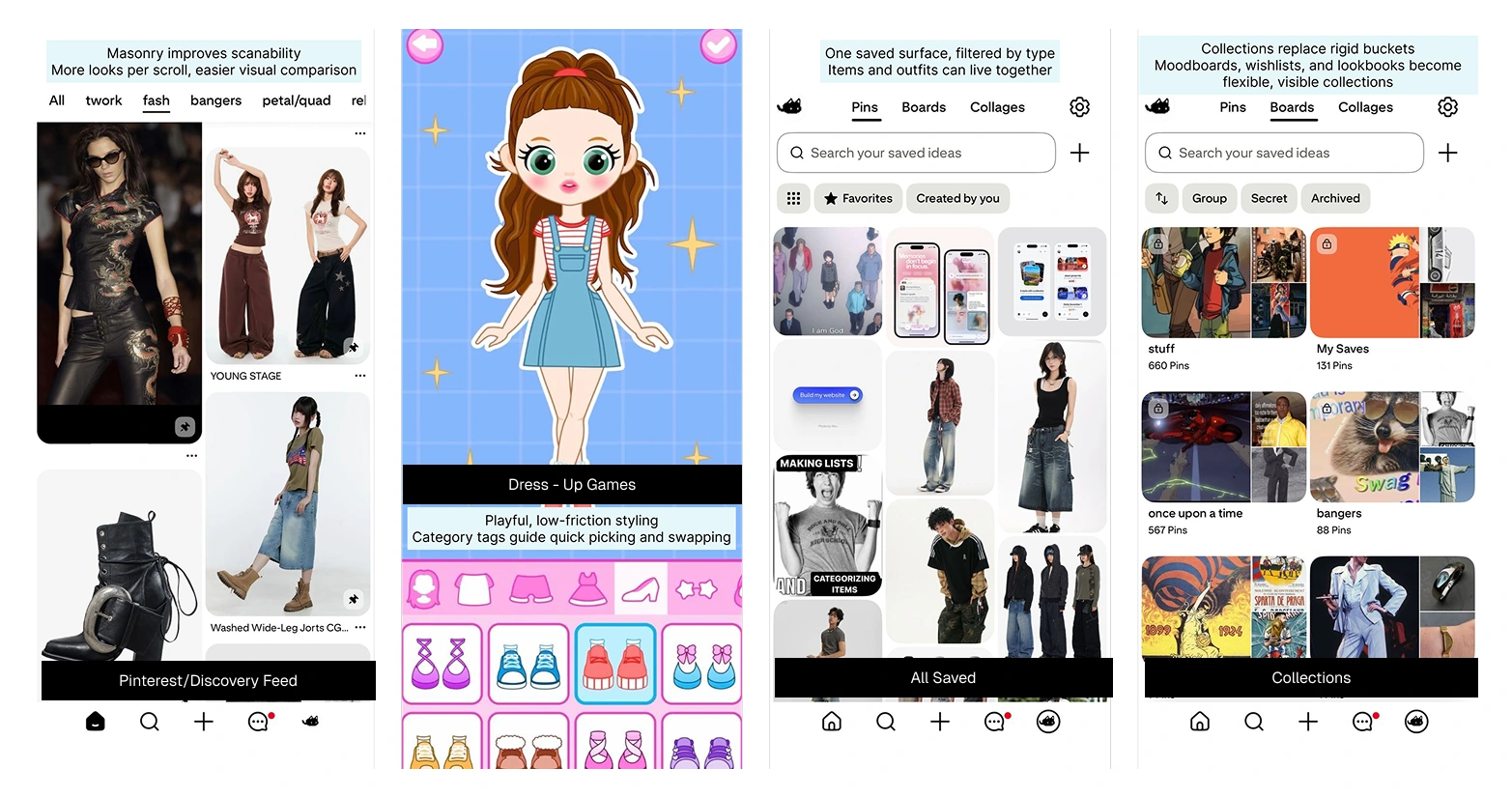 Reference board: Pinterest's masonry discovery feed, a dress-up game with category tags above the clothes, and two Cosmos screens showing everything saved on one surface and the same saves split into collections