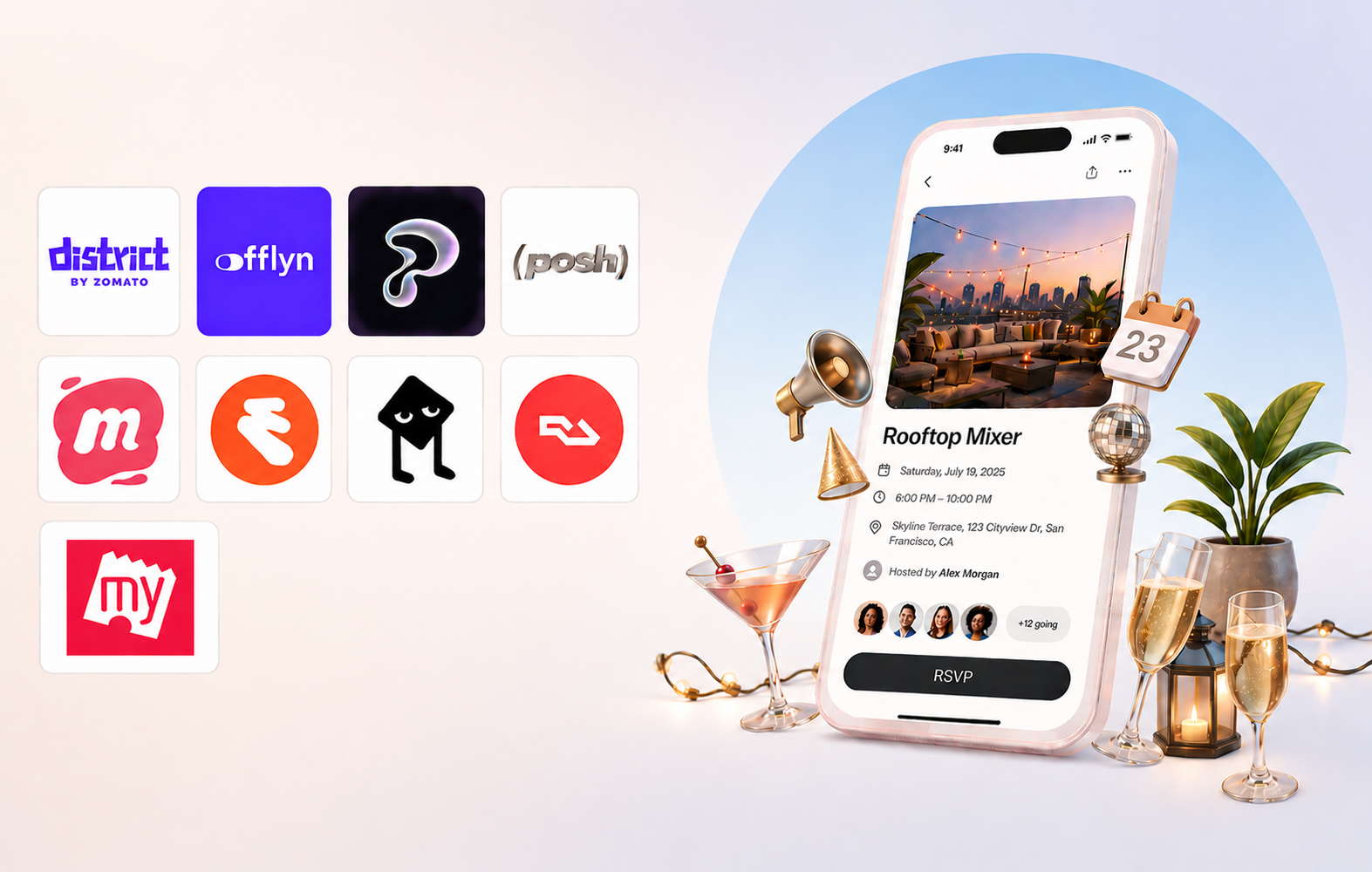 A wall of community-event app logos — District, Offlyn, Posh, Meetup, BookMyShow and others — beside a generic event-detail screen for a 'Rooftop Mixer'.