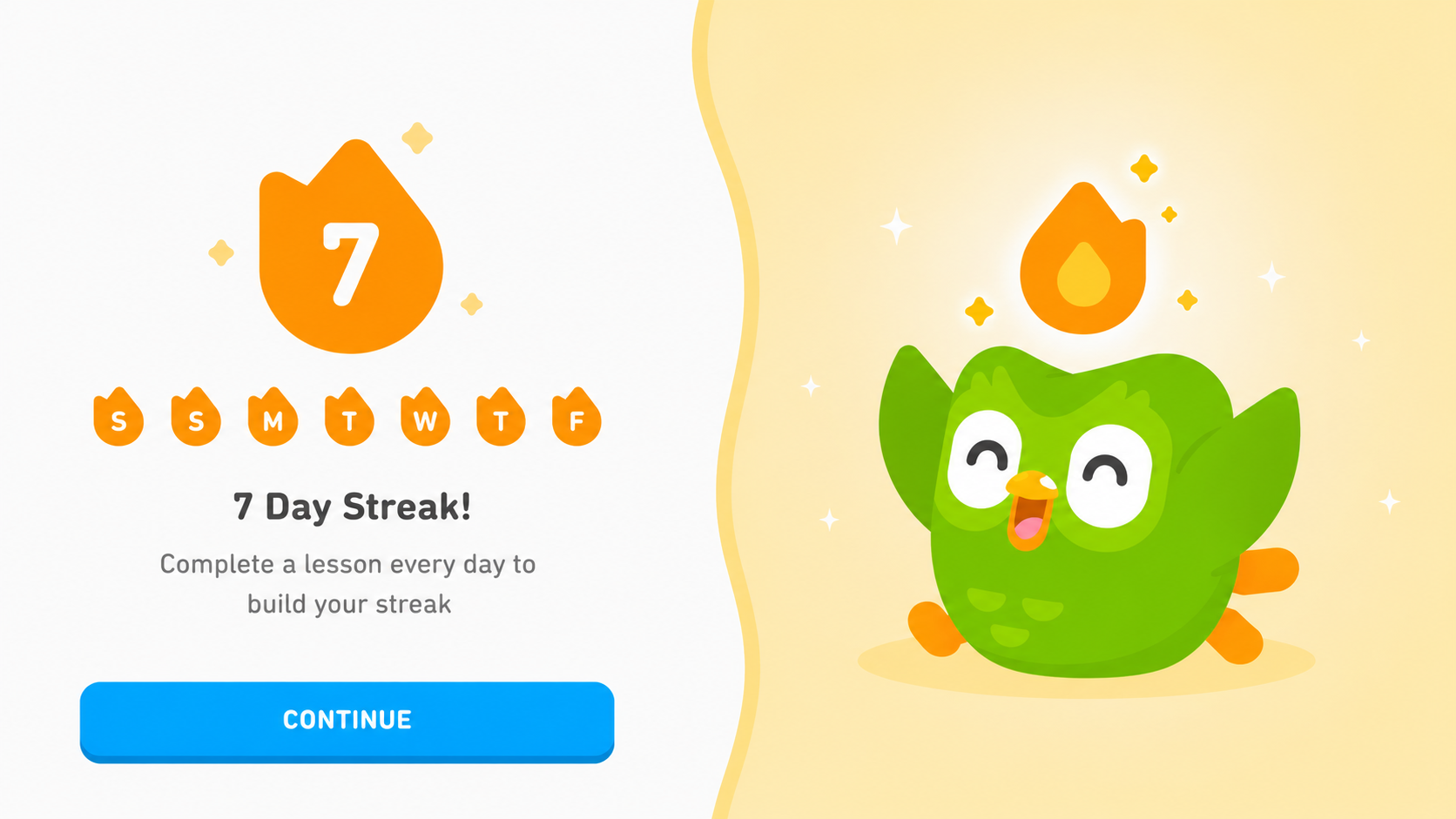 Duo the owl beside Duolingo's '7 Day Streak!' screen showing a flame and a week of completed days.