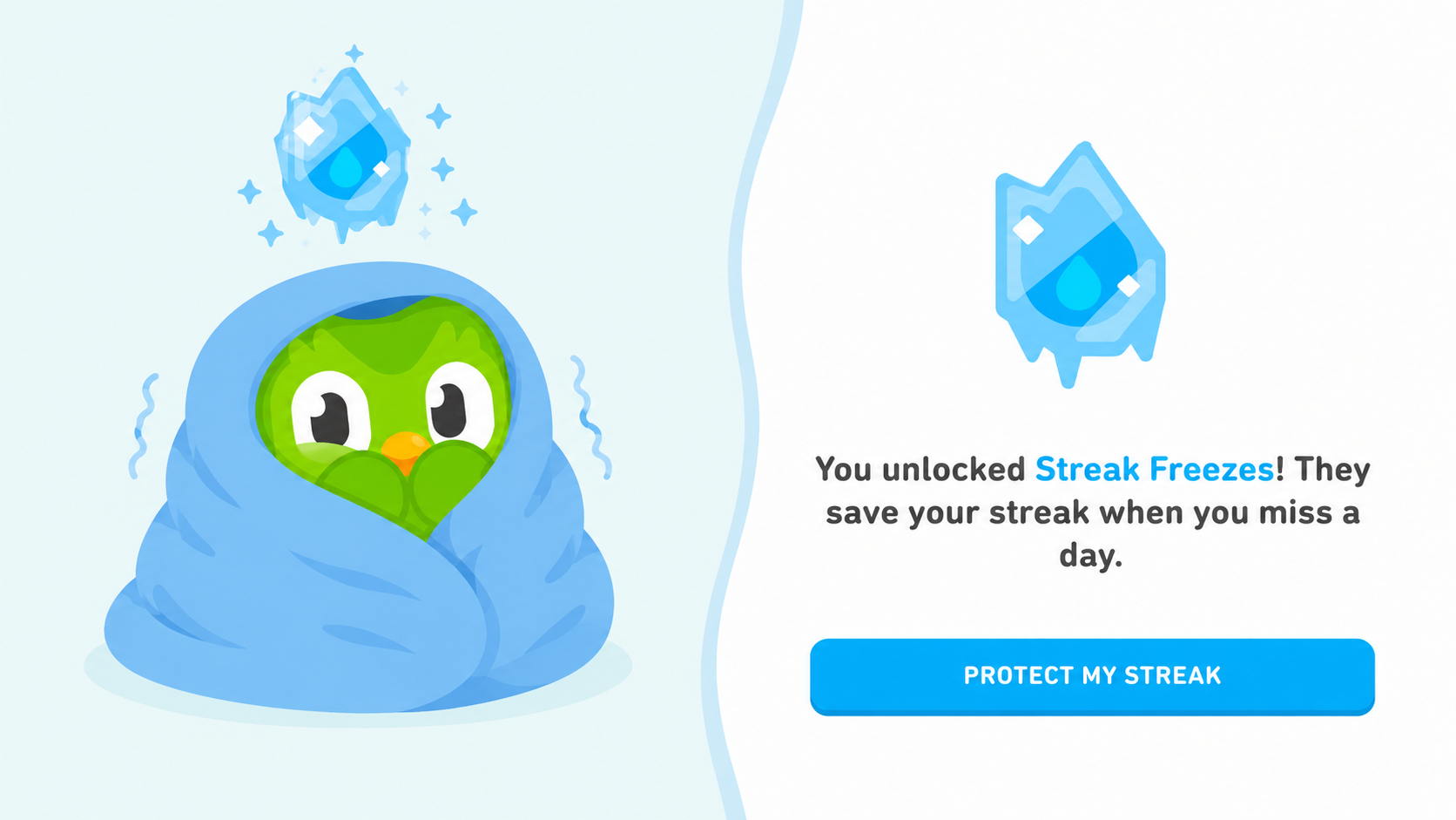 Duo wrapped in a blanket beside Duolingo's 'You unlocked Streak Freezes' screen, which saves your streak when you miss a day.