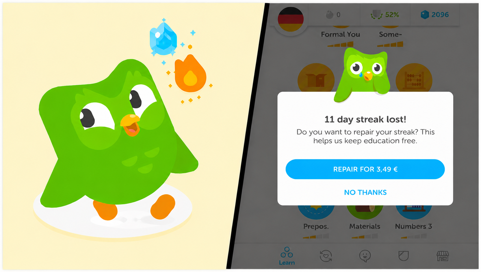 Duo the owl beside Duolingo's 'streak lost' screen offering to repair an 11-day streak for a fee.